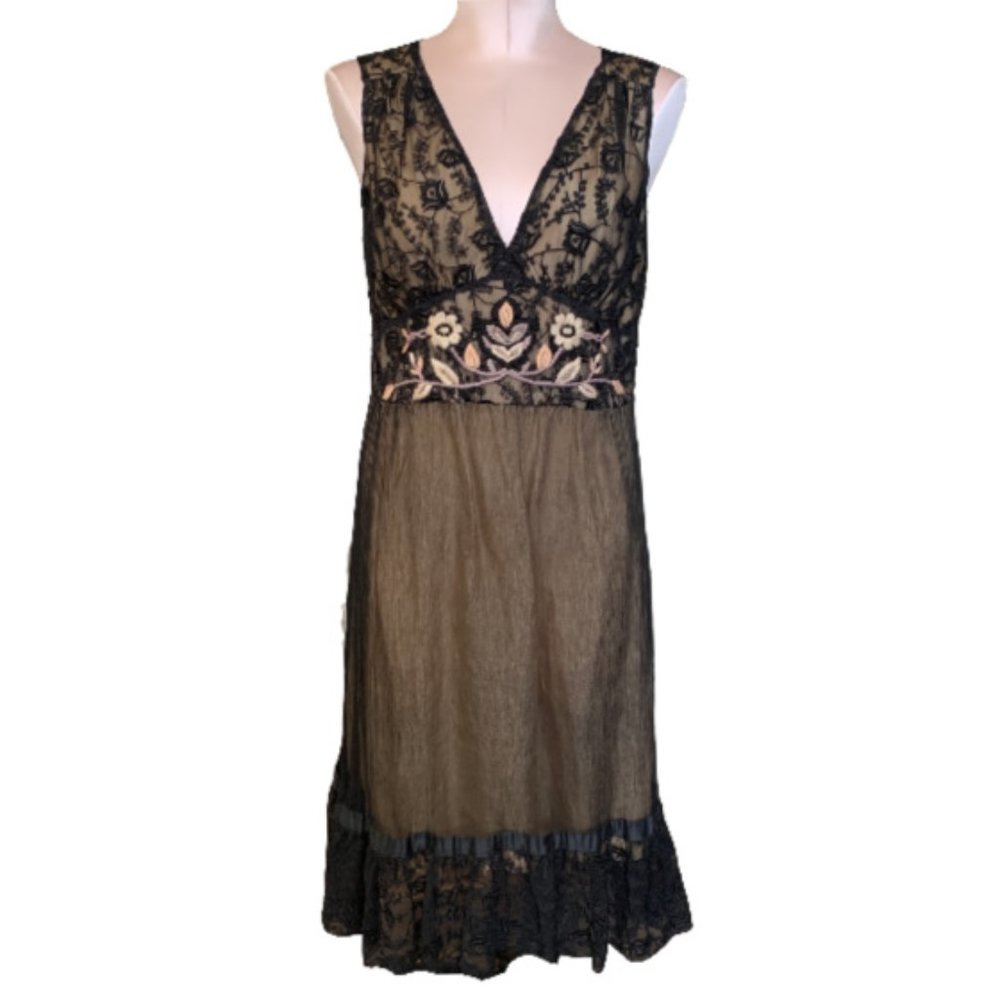 Hale Bob Black Ruffled Silk  Lace Dress - Size Med